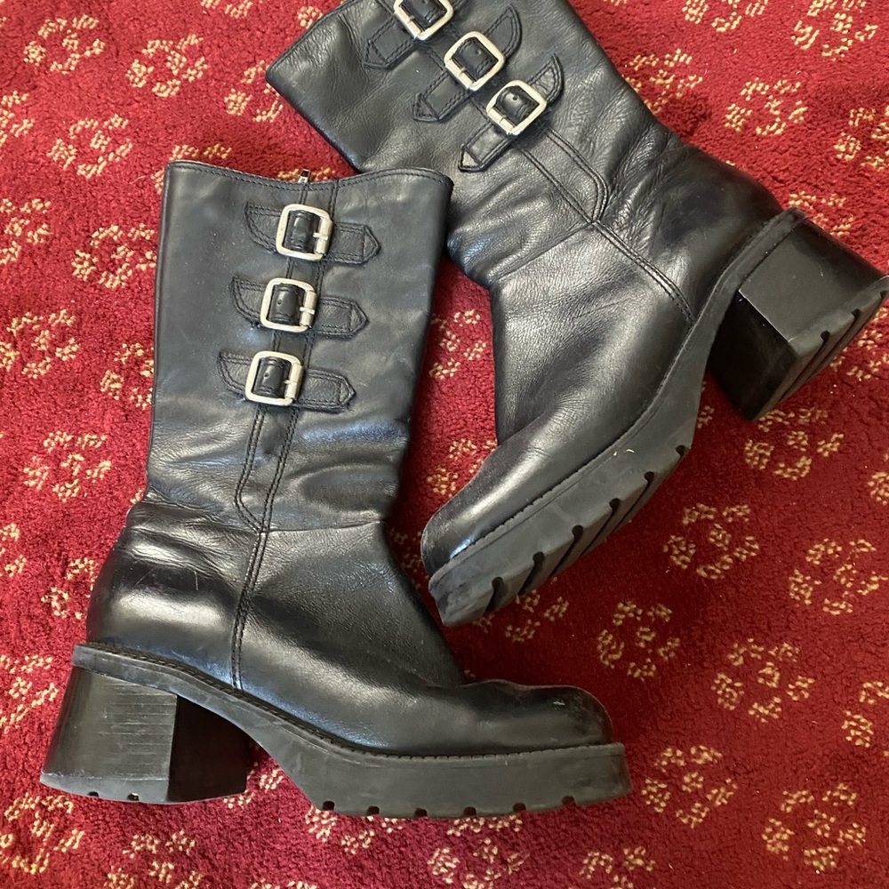 Two Lips Black Leather Moto Boots with Buckles